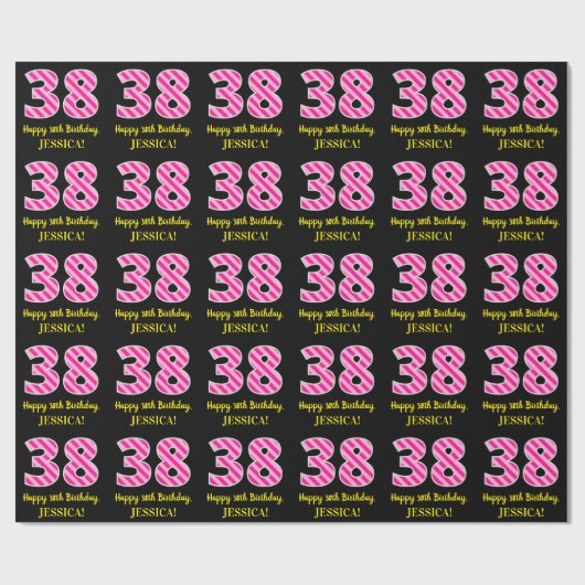 Fun Pink Stripes "38"; Happy 38th Birthday; naam Cadeaupapier (Vlak)