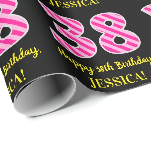 Fun Pink Stripes "38"; Happy 38th Birthday; naam Cadeaupapier (Rol Hoek)