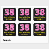 Fun Pink Stripes “38”: Happy 38th Birthday + Name Vierkante Sticker (Vel)