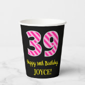Fun Pink Stripes "39": Happy 39th Birthday + Name Papieren Bekers (Achterkant)