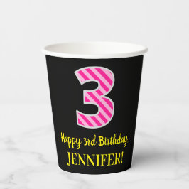 Fun Pink Stripes "3": Happy 3rd Birthday + naam Papieren Bekers