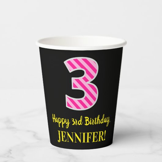 Fun Pink Stripes "3": Happy 3rd Birthday + naam Papieren Bekers (Achterkant)