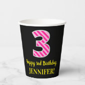 Fun Pink Stripes "3": Happy 3rd Birthday + naam Papieren Bekers (Voorkant)