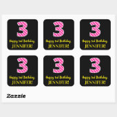 Fun Pink Stripes "3": Happy 3rd Birthday + naam Vierkante Sticker (Vel)