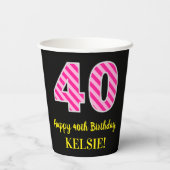 Fun Pink Stripes "40": Happy 40th Birthday + Name Papieren Bekers (Achterkant)