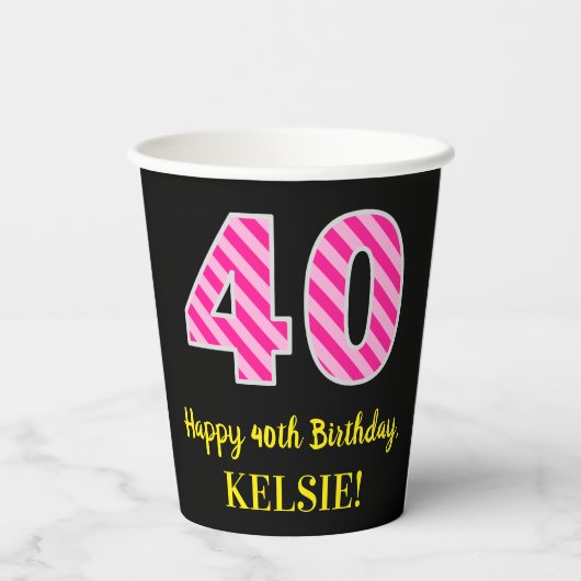 Fun Pink Stripes "40": Happy 40th Birthday + Name Papieren Bekers (Achterkant)