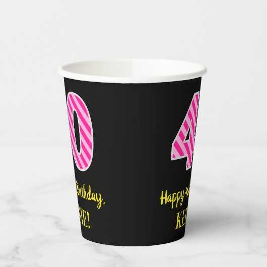 Fun Pink Stripes "40": Happy 40th Birthday + Name Papieren Bekers (Links)