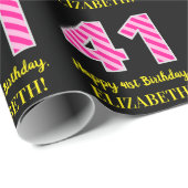 Fun Pink Stripes "41"; Happy 41st Birthday; naam Cadeaupapier (Rol Hoek)