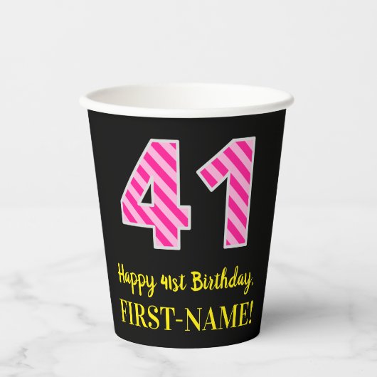Fun Pink Stripes "41": Happy 41st Birthday + Name Papieren Bekers (Voorkant)