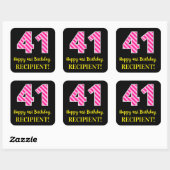 Fun Pink Stripes "41": Happy 41st Birthday + Name Vierkante Sticker (Vel)