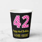 Fun Pink Stripes "42": Happy 42nd Birthday + Name Papieren Bekers (Achterkant)