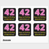 Fun Pink Stripes “42”: Happy 42nd Birthday + Name Vierkante Sticker (Vel)