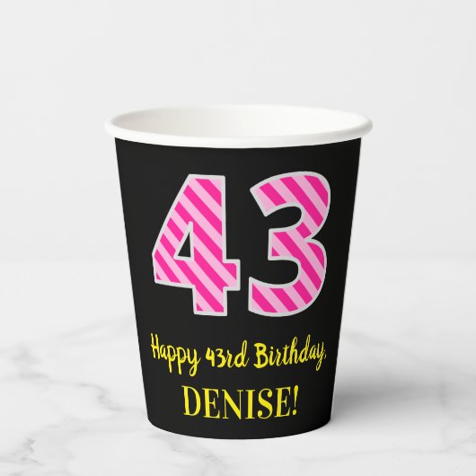 Fun Pink Stripes "43": Happy 43rd Birthday + Name Papieren Bekers (Achterkant)