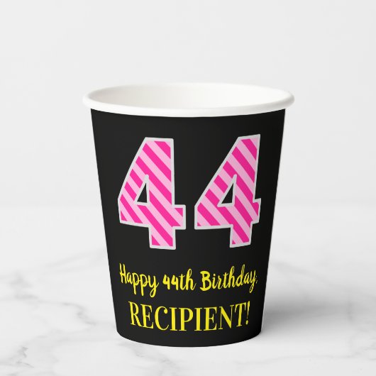 Fun Pink Stripes "44": Happy 44th Birthday + Name Papieren Bekers (Achterkant)