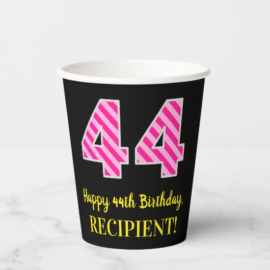 Fun Pink Stripes "44": Happy 44th Birthday + Name Papieren Bekers (Voorkant)