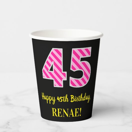 Fun Pink Stripes "45": Happy 45th Birthday + Name Papieren Bekers (Achterkant)
