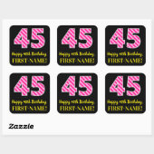 Fun Pink Stripes “45”: Happy 45th Birthday + Name Vierkante Sticker (Vel)