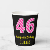 Fun Pink Stripes "46": Happy 46th Birthday + Name Papieren Bekers (Achterkant)