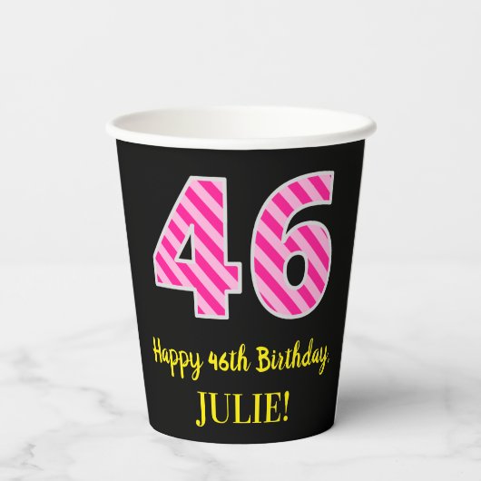 Fun Pink Stripes "46": Happy 46th Birthday + Name Papieren Bekers (Achterkant)