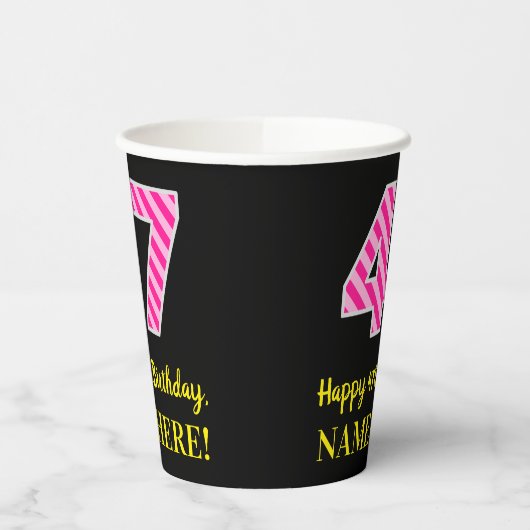 Fun Pink Stripes "47": Happy 47th Birthday + Name Papieren Bekers (Links)