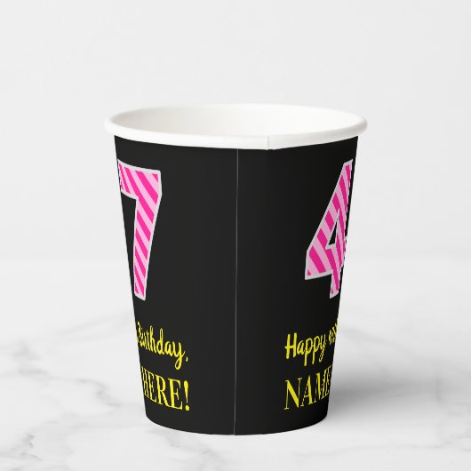 Fun Pink Stripes "47": Happy 47th Birthday + Name Papieren Bekers (Rechts)