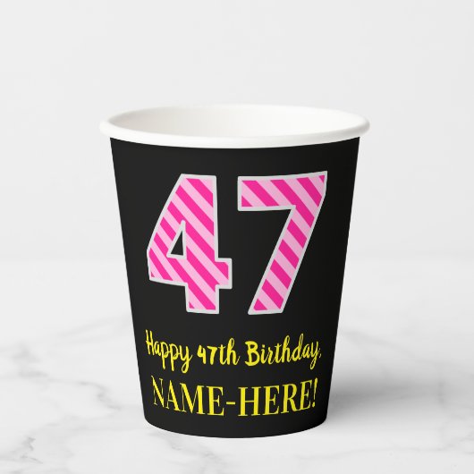 Fun Pink Stripes "47": Happy 47th Birthday + Name Papieren Bekers (Voorkant)