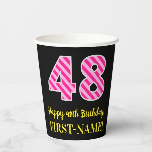 Fun Pink Stripes "48": Happy 48th Birthday + Name Papieren Bekers (Achterkant)