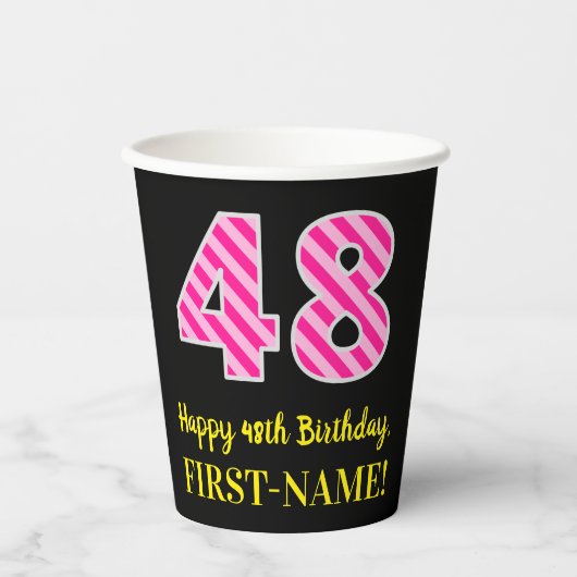 Fun Pink Stripes "48": Happy 48th Birthday + Name Papieren Bekers (Voorkant)