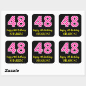 Fun Pink Stripes “48”: Happy 48th Birthday + Name Vierkante Sticker (Vel)