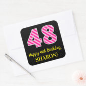 Fun Pink Stripes “48”: Happy 48th Birthday + Name Vierkante Sticker (Envelop)