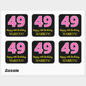 Fun Pink Stripes “49”: Happy 49th Birthday + Name Vierkante Sticker (Vel)