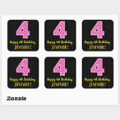 Fun Pink Stripes "4": Happy 4th Birthday + Name Vierkante Sticker (Vel)