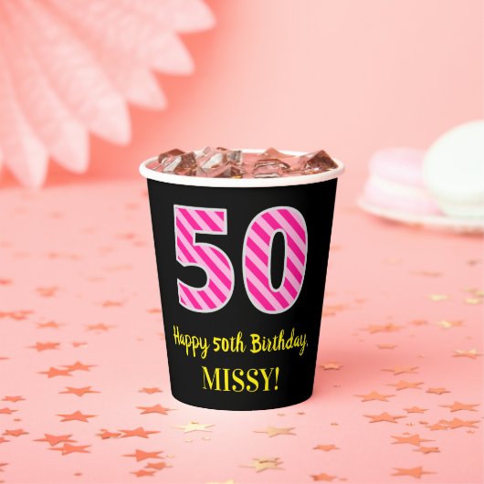 Fun Pink Stripes "50": Happy 50th Birthday + Name Papieren Bekers (Insitu)
