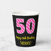 Fun Pink Stripes "50": Happy 50th Birthday + Name Papieren Bekers (Achterkant)