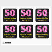 Fun Pink Stripes "50": Happy 50th Birthday + Name Vierkante Sticker (Vel)