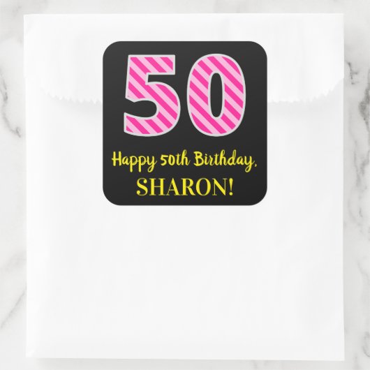 Fun Pink Stripes "50": Happy 50th Birthday + Name Vierkante Sticker (Tas)