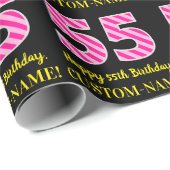 Fun Pink Stripes "55"; Happy 55th Birthday; naam Cadeaupapier (Rol Hoek)