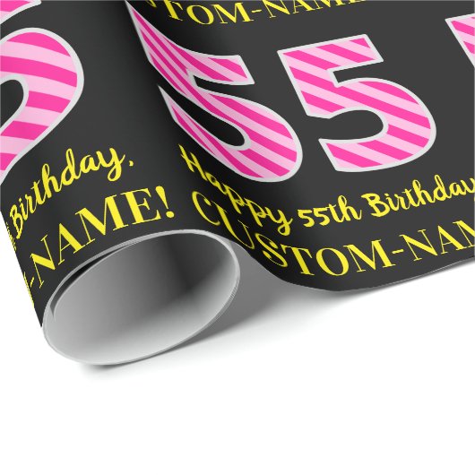 Fun Pink Stripes "55"; Happy 55th Birthday; naam Cadeaupapier (Rol Hoek)
