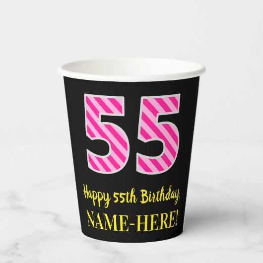 Fun Pink Stripes "55": Happy 55th Birthday + Name Papieren Bekers (Achterkant)