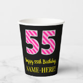 Fun Pink Stripes "55": Happy 55th Birthday + Name Papieren Bekers (Voorkant)