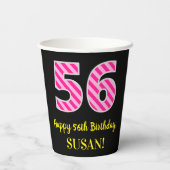Fun Pink Stripes "56": Happy 56th Birthday + Name Papieren Bekers (Achterkant)