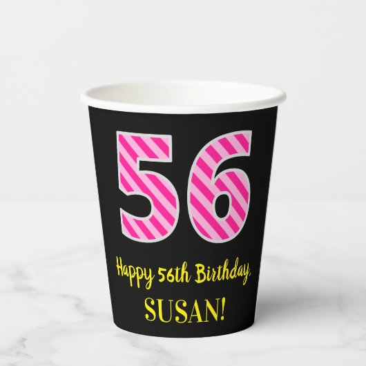 Fun Pink Stripes "56": Happy 56th Birthday + Name Papieren Bekers (Achterkant)