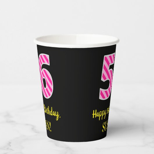 Fun Pink Stripes "56": Happy 56th Birthday + Name Papieren Bekers (Links)