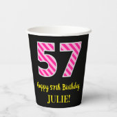 Fun Pink Stripes "57": Happy 57th Birthday + Name Papieren Bekers (Achterkant)
