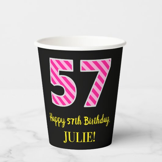 Fun Pink Stripes "57": Happy 57th Birthday + Name Papieren Bekers (Voorkant)