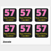 Fun Pink Stripes “57”: Happy 57th Birthday + Name Vierkante Sticker (Vel)