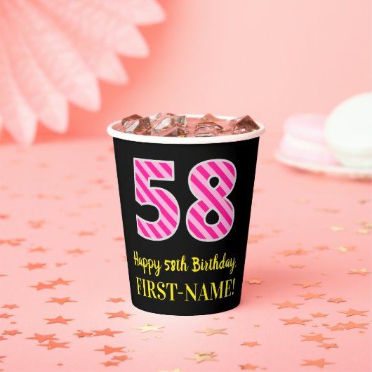 Fun Pink Stripes "58": Happy 58th Birthday + Name Papieren Bekers (Insitu)