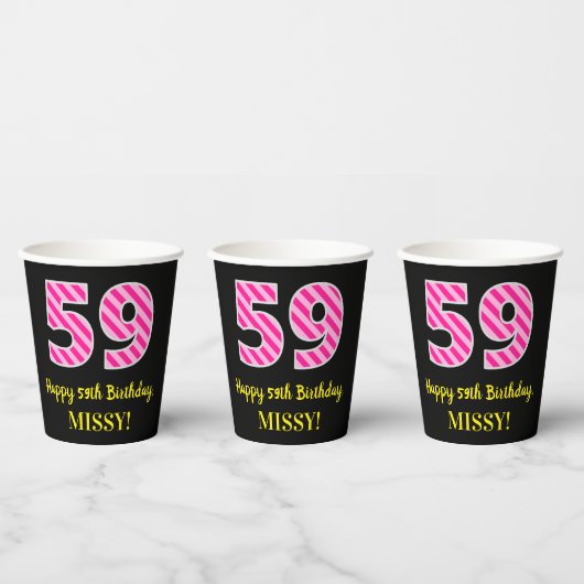 Fun Pink Stripes "59": Happy 59th Birthday + Name Papieren Bekers (Multi)