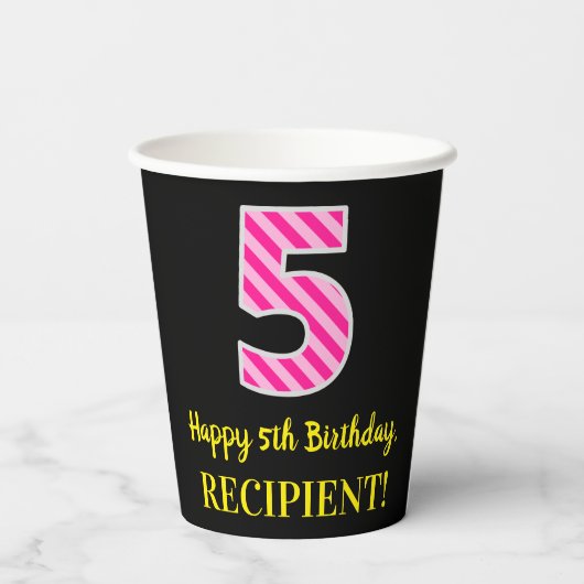 Fun Pink Stripes "5": Happy 5th Birthday + Name Papieren Bekers (Achterkant)