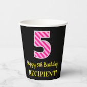 Fun Pink Stripes "5": Happy 5th Birthday + Name Papieren Bekers (Voorkant)